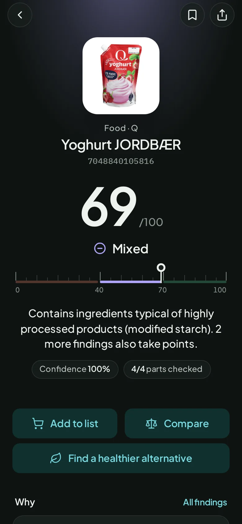 A product result in AntiSlop: strawberry yoghurt scores 69 out of 100, Mixed, with the reasons below