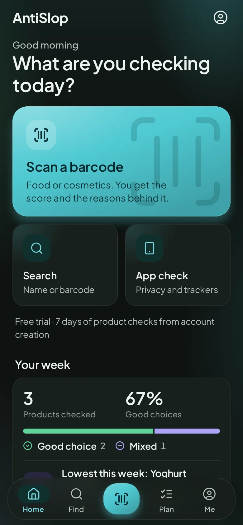 The AntiSlop home screen with buttons to scan a barcode, search and check an app
