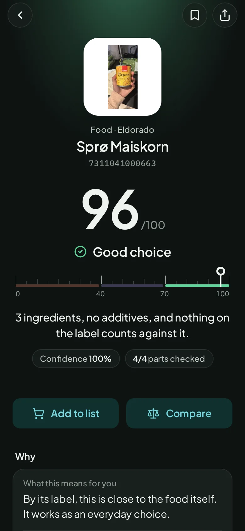 A product result in AntiSlop: Sprø Maiskorn scores 96 out of 100, Good choice